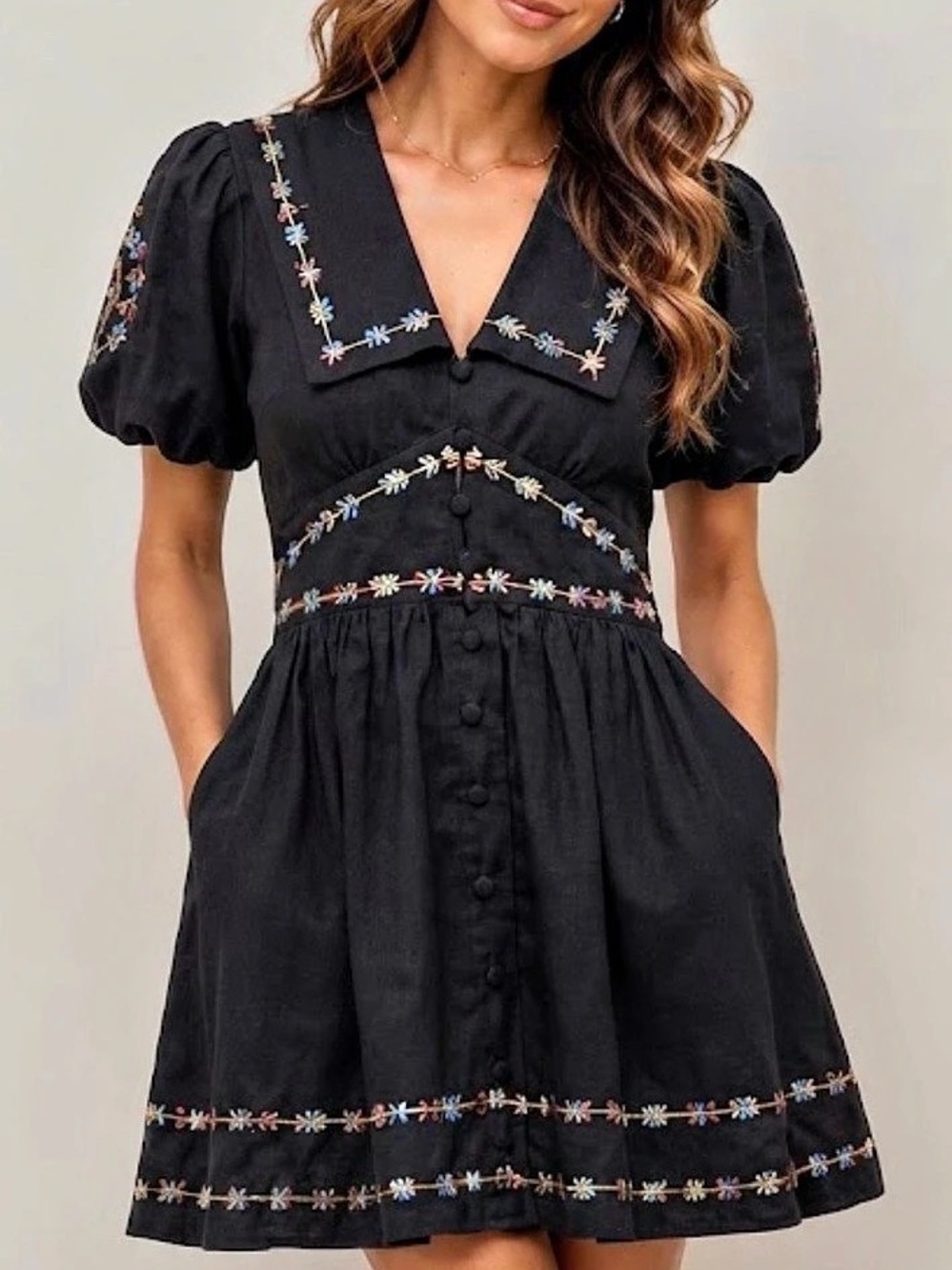 NWT Caroline Constas Floral Embroidered Mini Dress in Black, US4